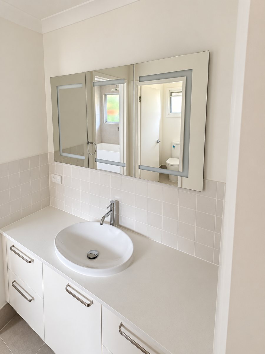 Bathroom after: white vanity with stone top, vessel basin and LED mirror cabinet