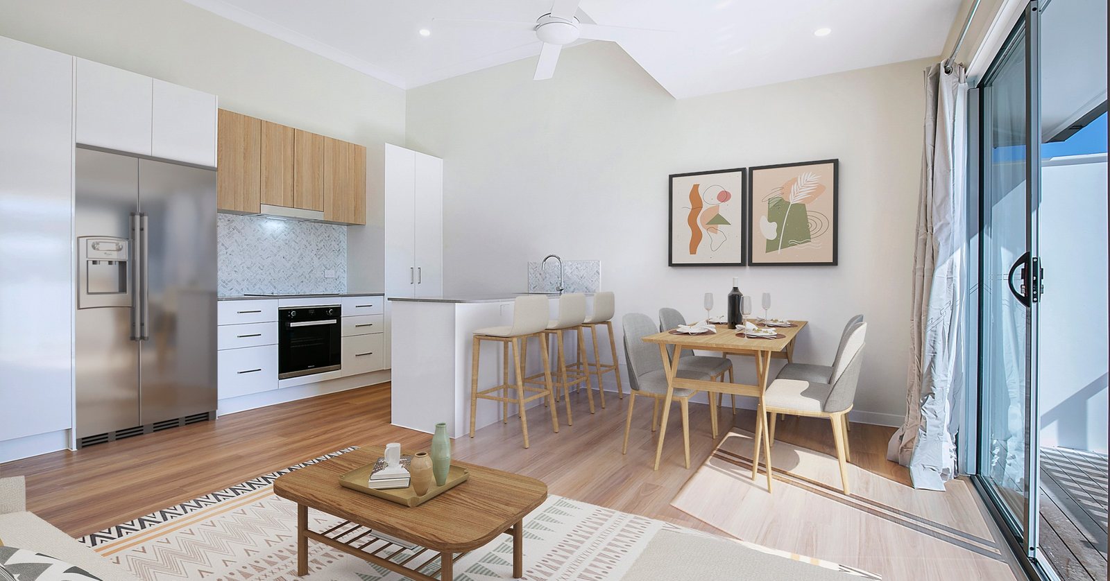 Studio kitchenette with timber-look joinery and LED strip lighting